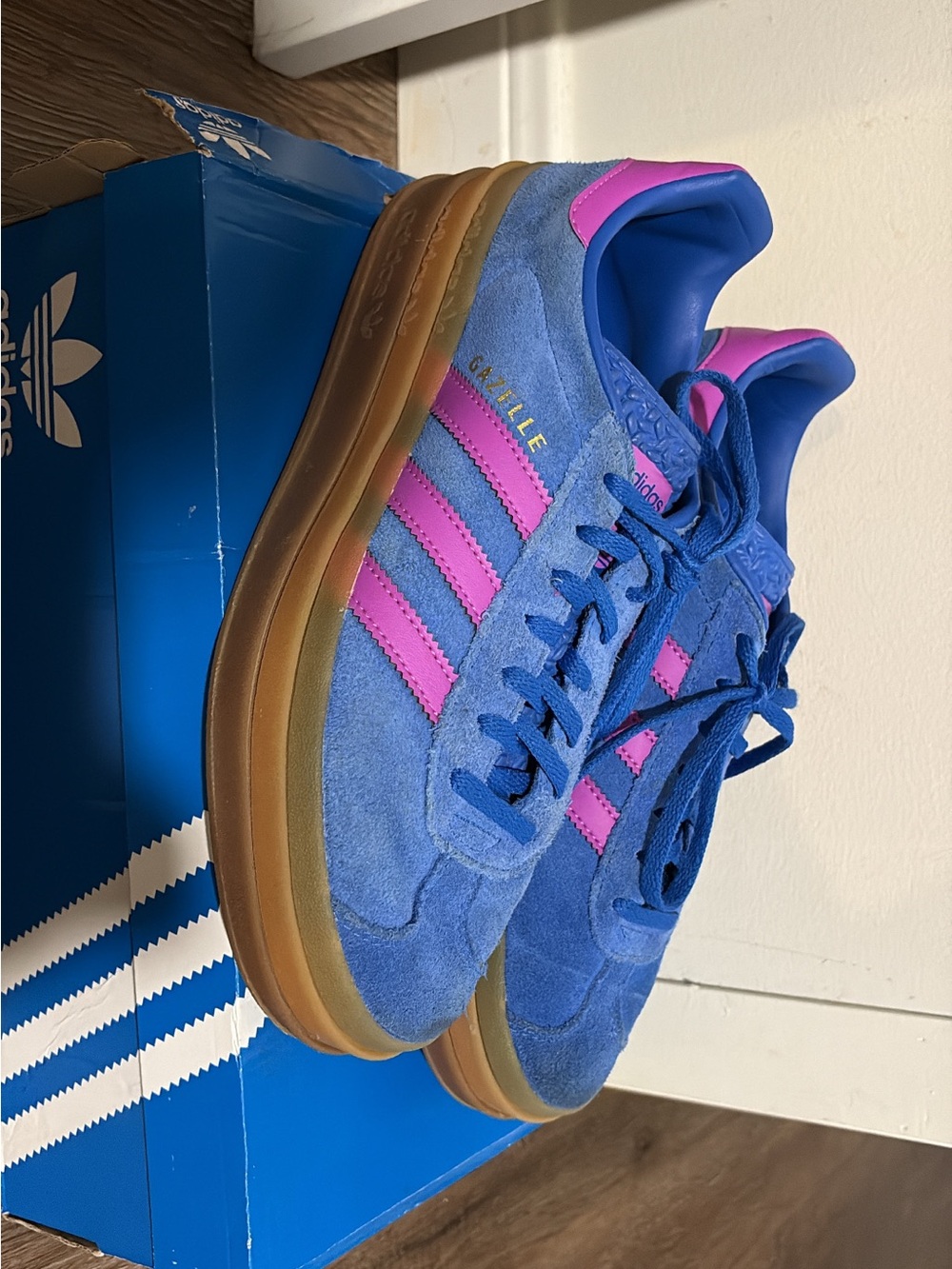adidas Kids Camille Suede Sneakers in Blue and Pink with Gum Sole